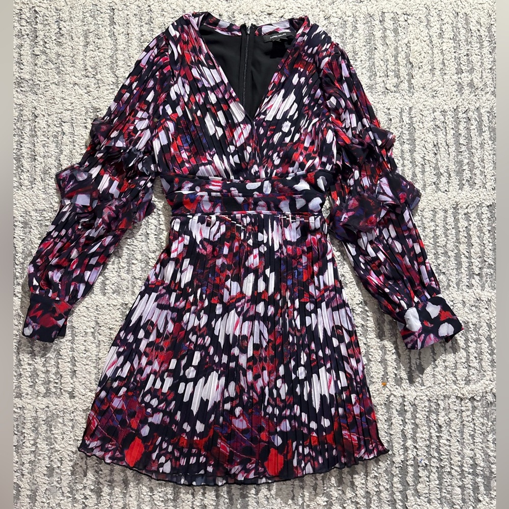 Karen Millen purple pink long sleeve butterfly ruffle pleated dress size 2